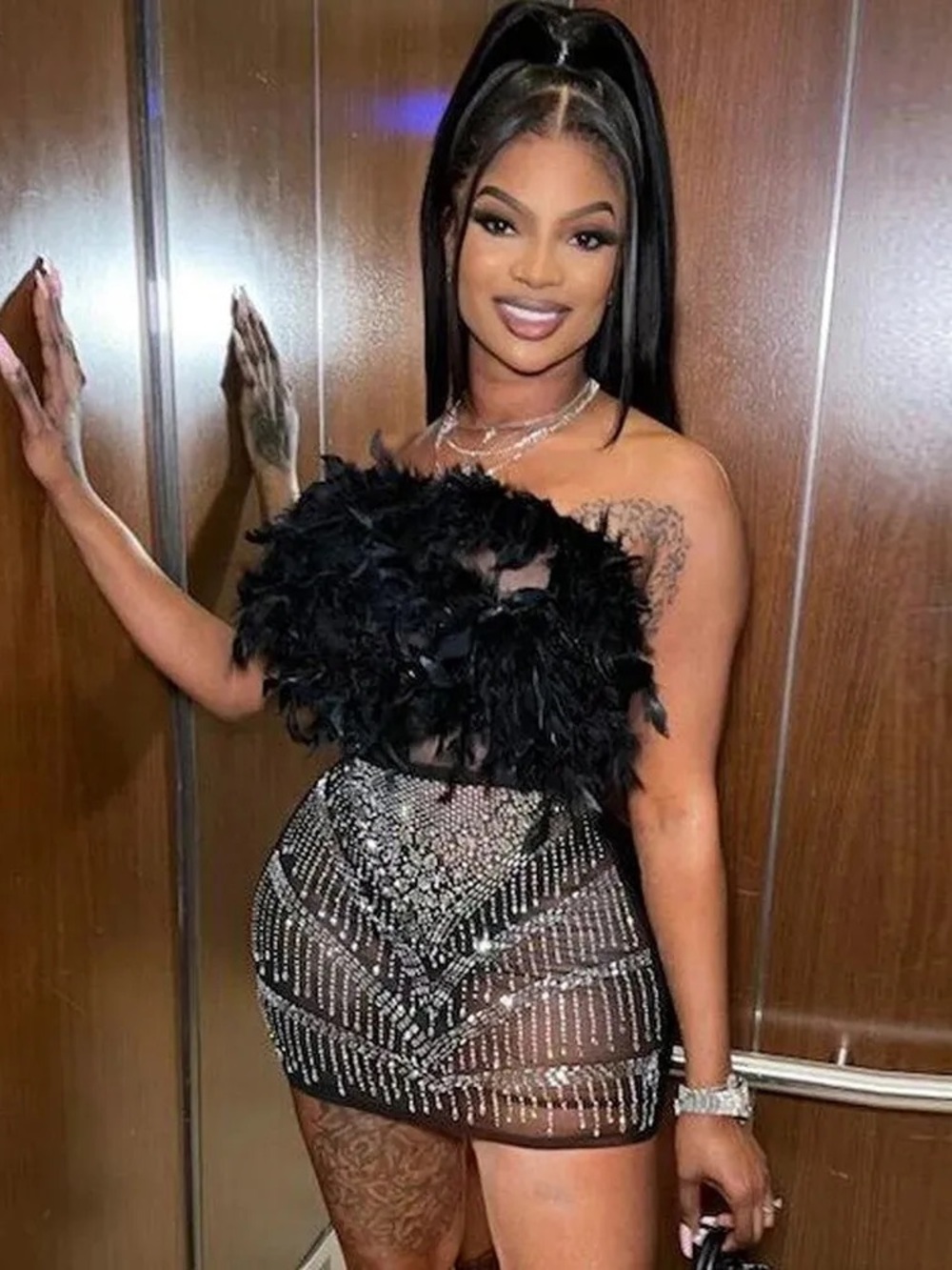 Black Feather and Rhinestone Mini Dress